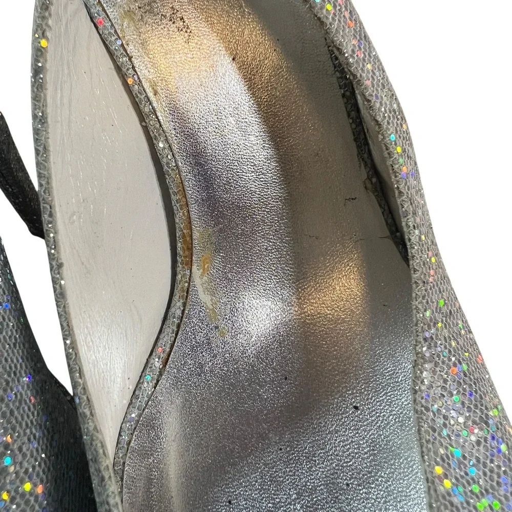 Stuart Weitzman Heels Silver Glitter Peep Toe Platform Slingback‎ US 10